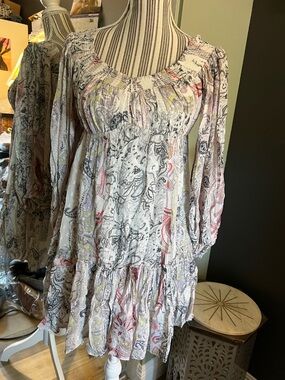 All Saints, size 6, Boho Paisley Peasant Dress in Cream with Multicolor Accents